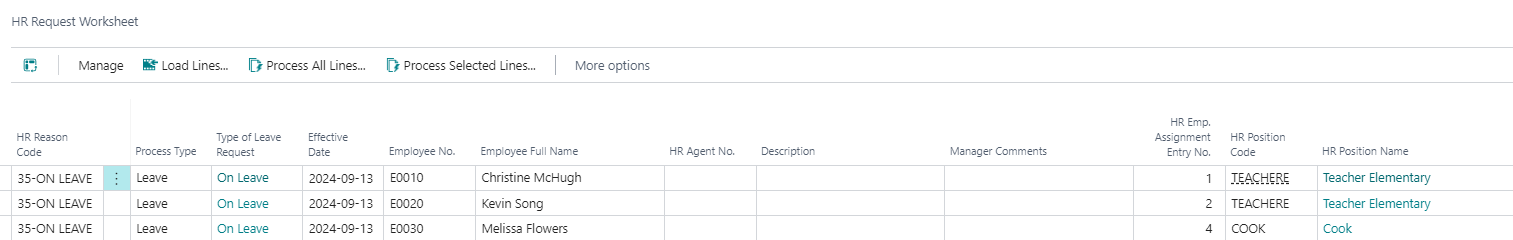 HR Request Worksheet page on leave lines