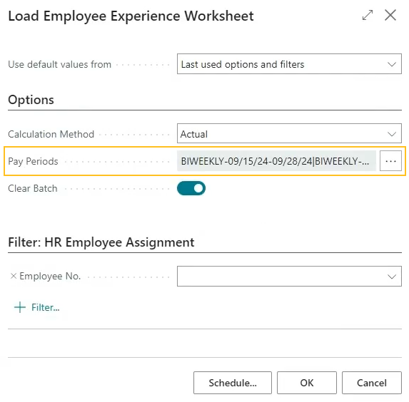 Load Employee Experience Worksheet page Pay Periods field