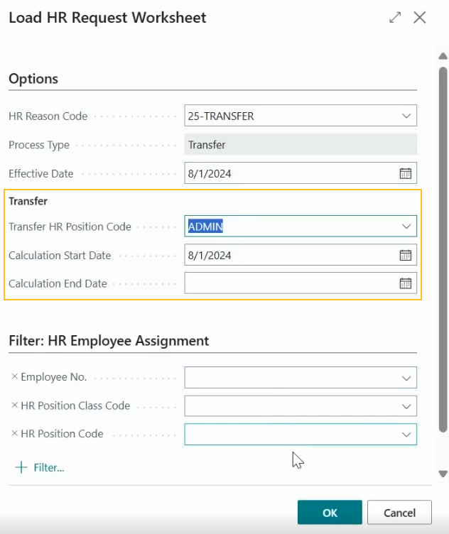 Load HR Request Worksheet page Transfer section