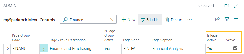 mySparkrock Menu Controls page Is Page Active Yes Active selected