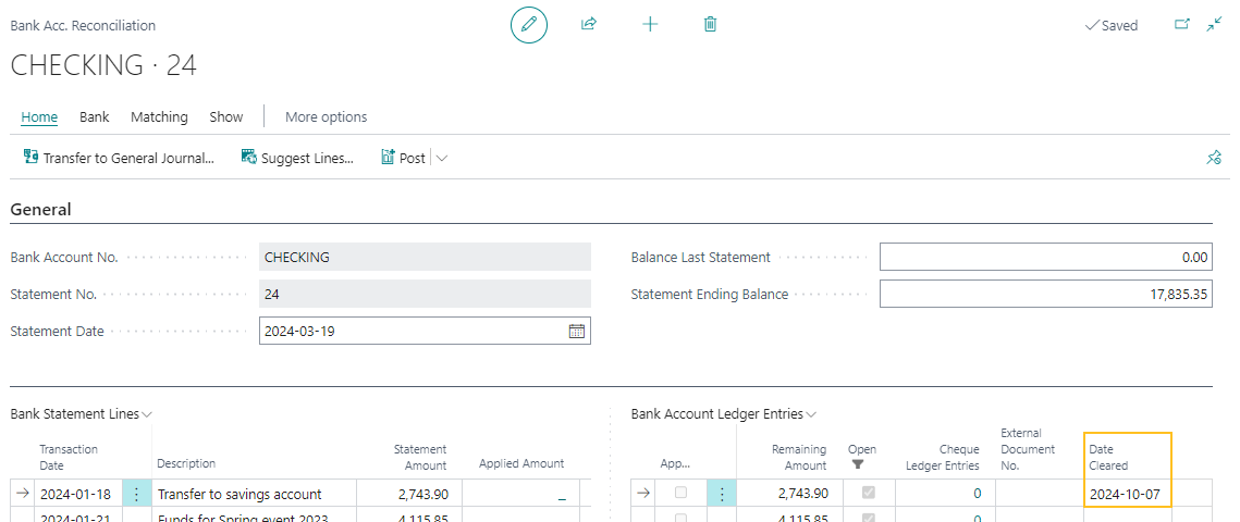 Bank Acc. Reconciliation page Date Cleared field