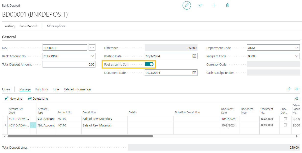 Bank Deposit page Post as Lump Sum