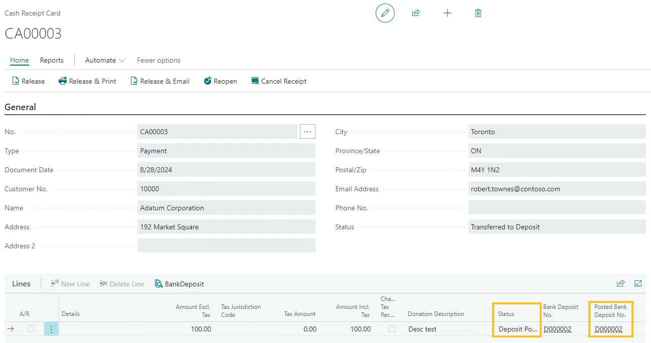 Cash Receipt Card page Status and Posted Bank Deposit No. fields