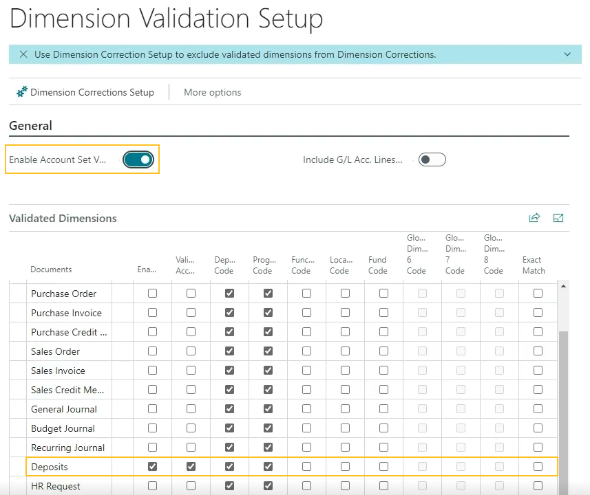 Dimension Validation Setup page for deposits example