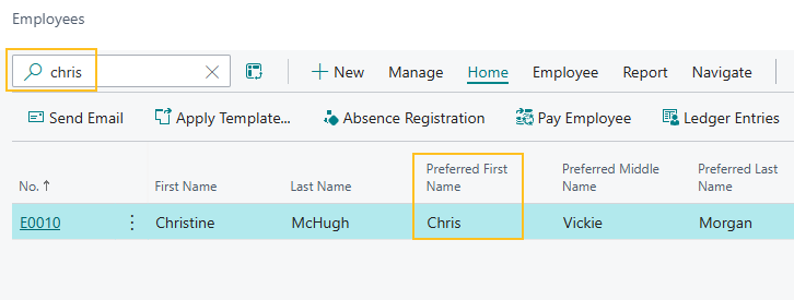Employees page search by preferred name