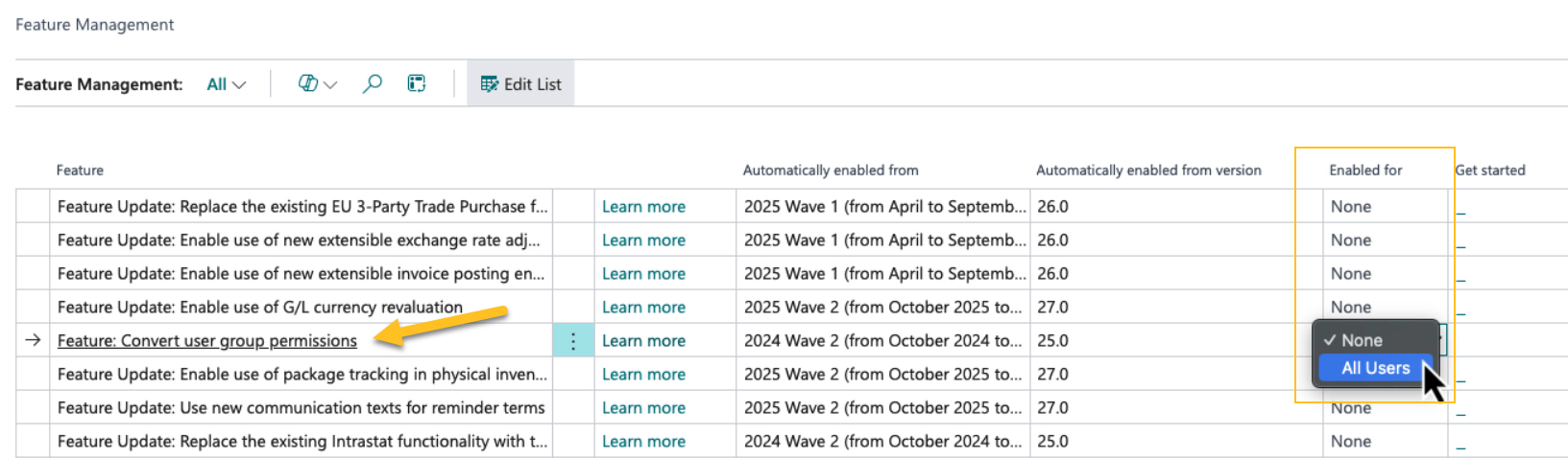 Feature Management page Convert user group permissions