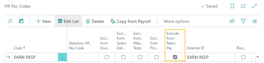 HR Pay Codes page Exclude from Retro Pay field