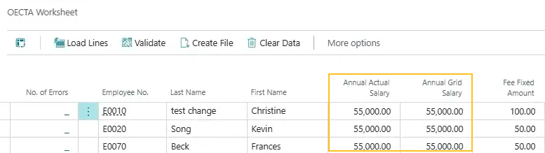 OECTA Worksheet page Annual Actual Salary and Annual Grid Salary fields