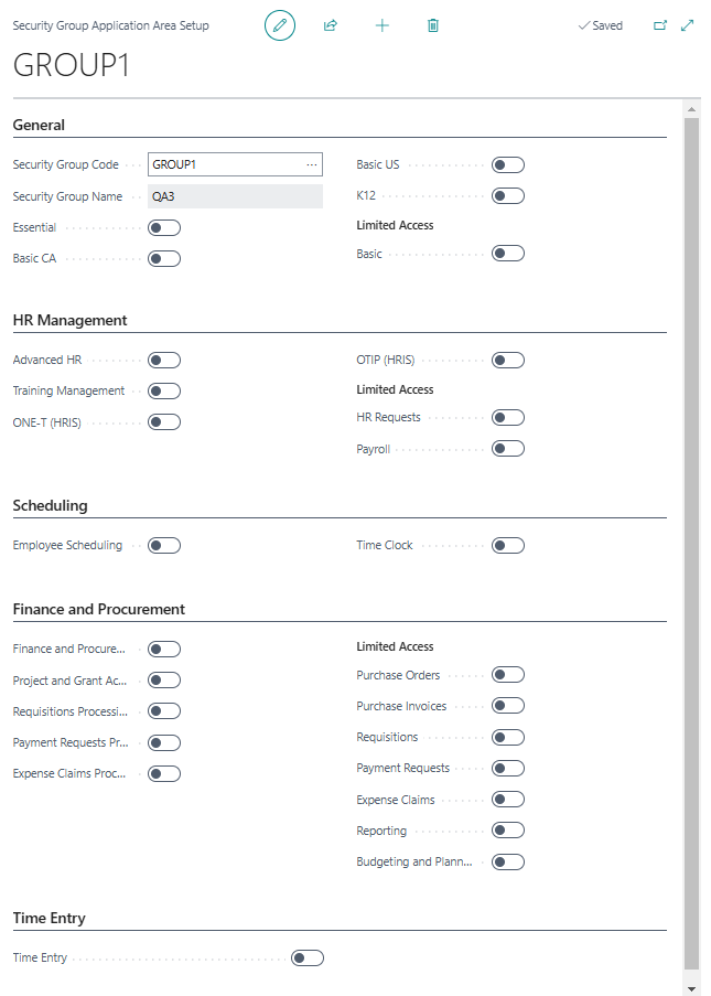 Security Group Application Area Setup page