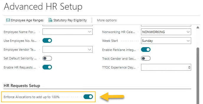 Advanced HR Setup page Enforce Allocations to add up to 100% field