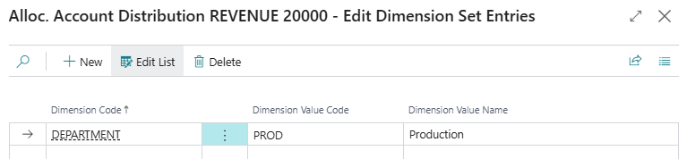 Alloc. Account Distribution Edit Dimension Set Entries page
