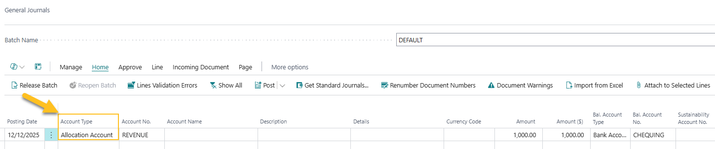 Allocation Account general journal example