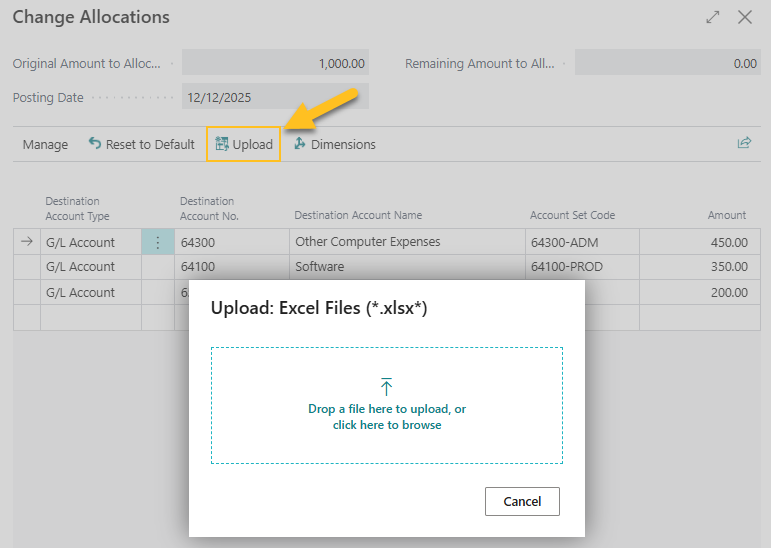 Change Allocations page Upload action