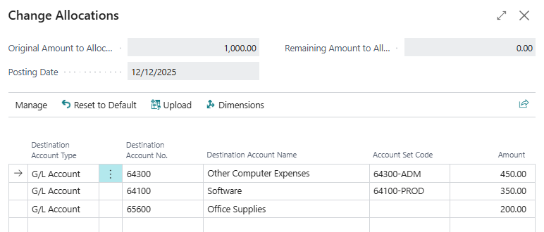 Purchase order Change Allocations page