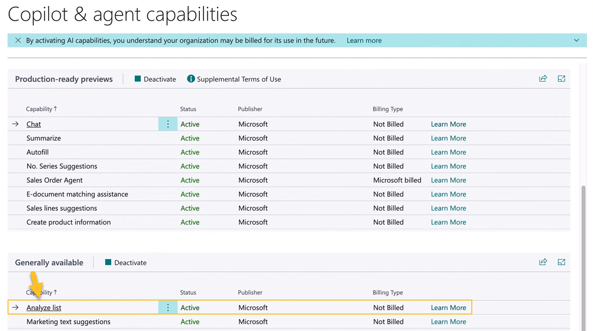 Copilot & agent capabilities page Analyze List capability