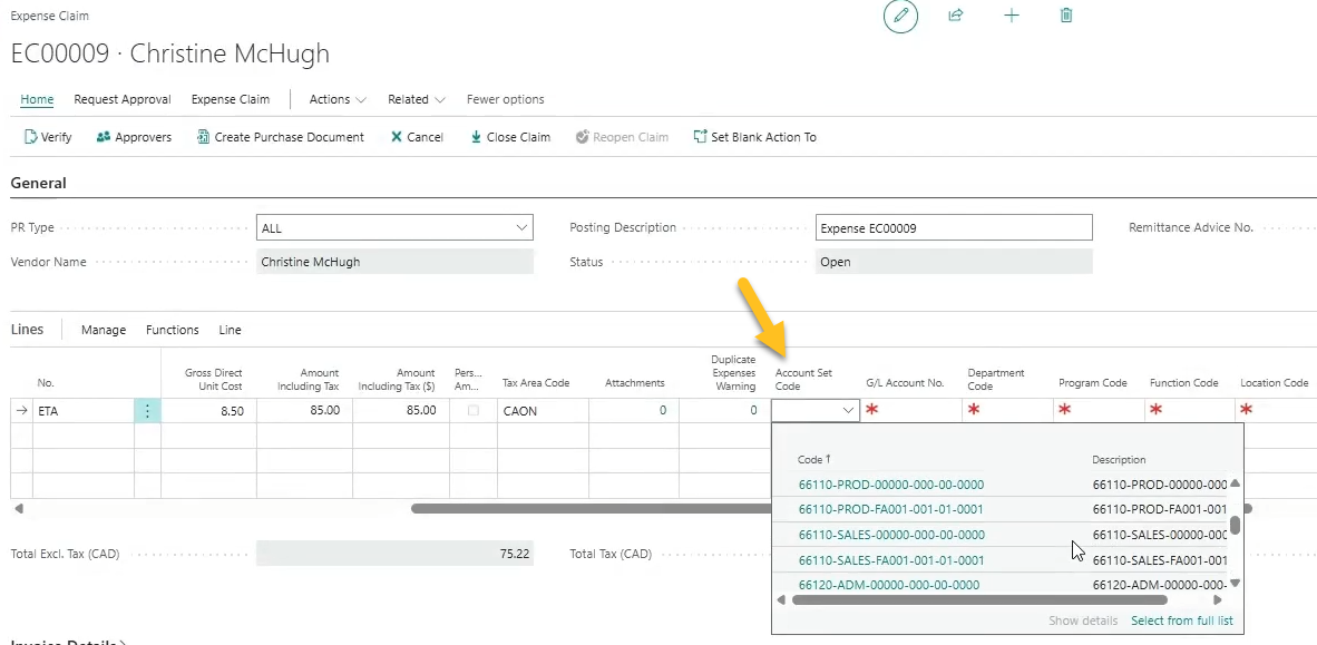 Expense Claim page Account Set Code field lookup