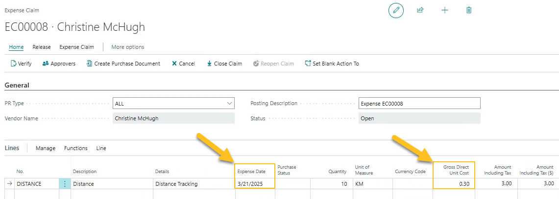 Expense Claim page Mileage Rate example