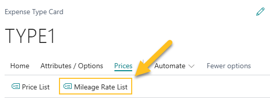 Expense Type Card page Mileage Rate List action