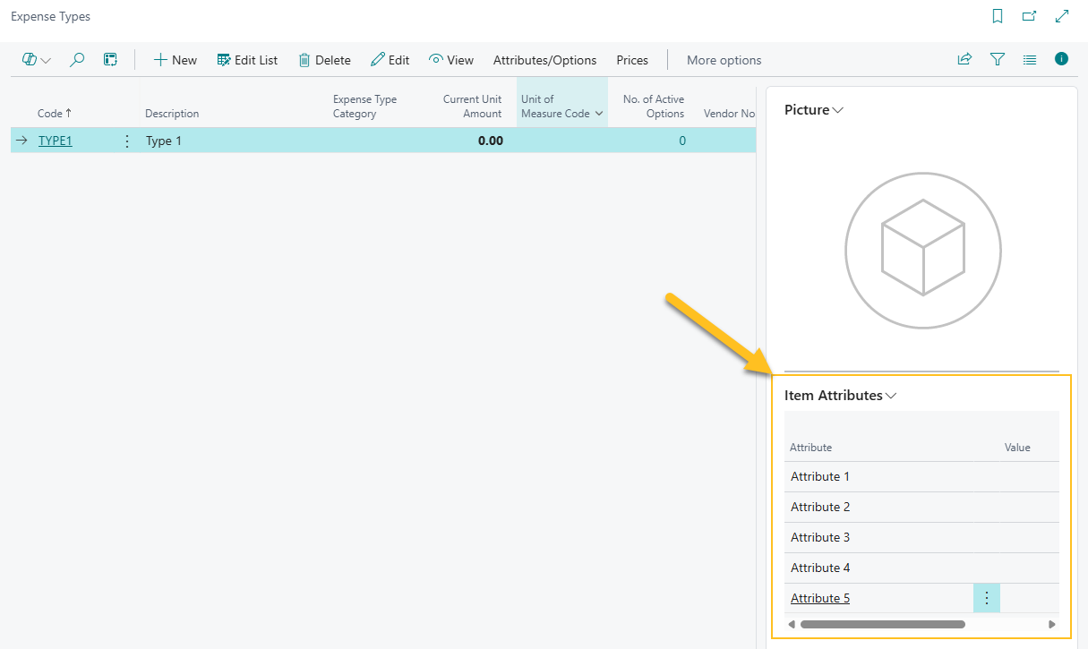 Expense Types page Item Attribute FactBox