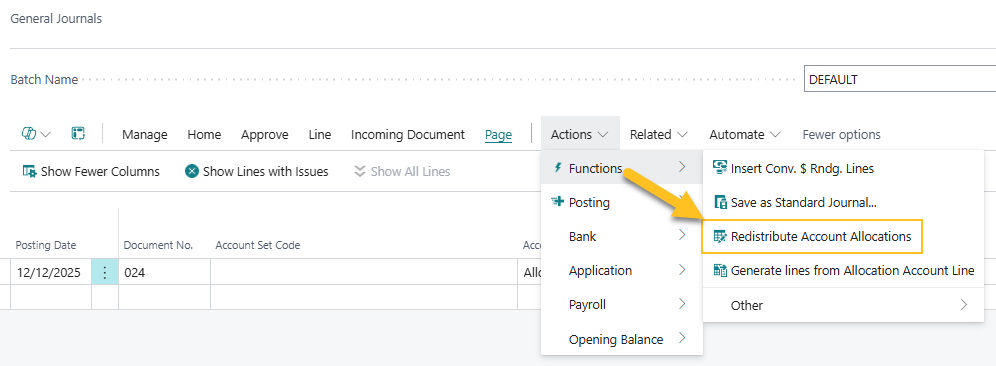 General Journals page Redistribute Account Allocations action