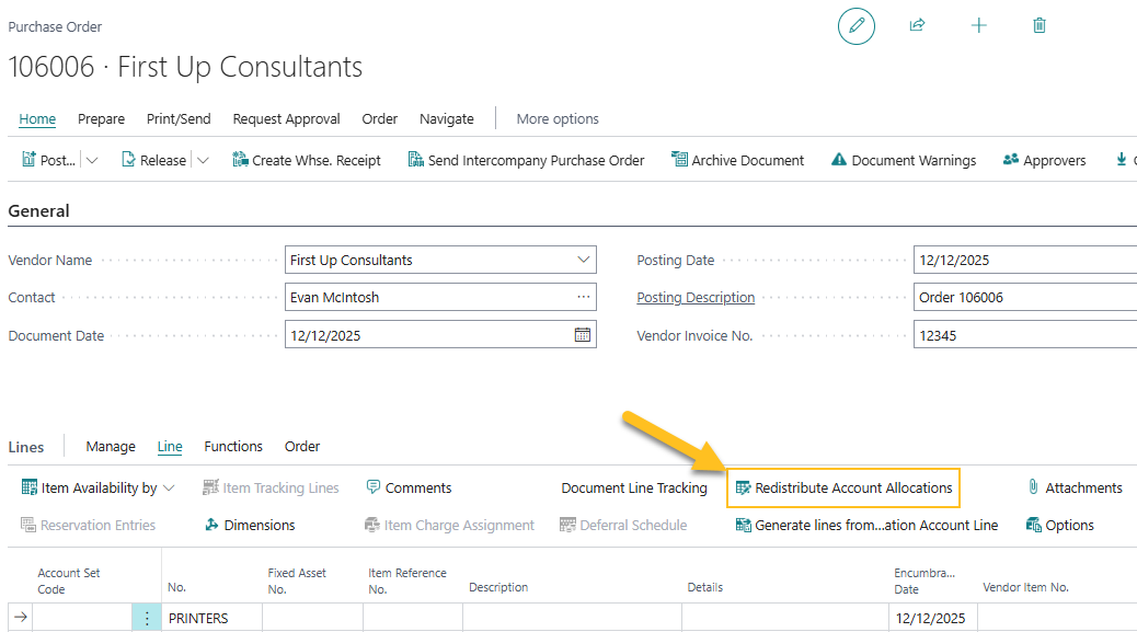 Purchase Order page Redistribute Account Allocations action