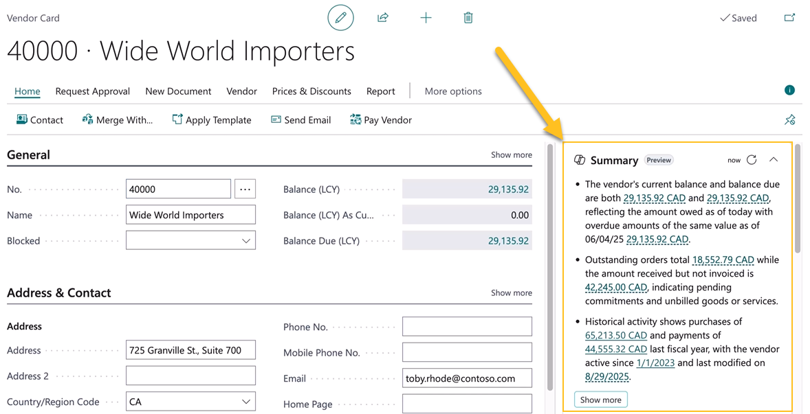 Vendor Card page Summarize with Copilot
