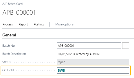 A/P Batch Card On Hold field