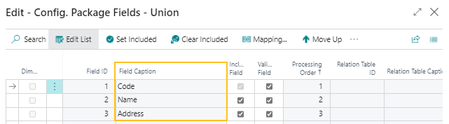 Config. Package Card page Field Caption field