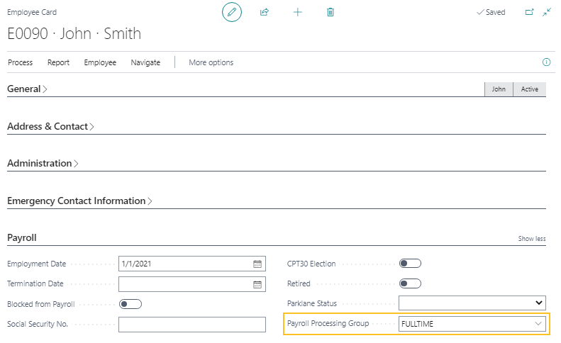 Employee Card page Payroll Processing Group field