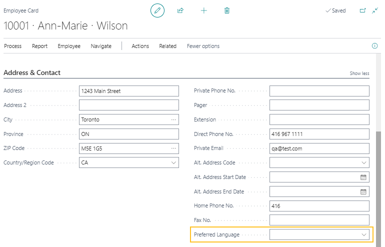 Employee Card page Preferred Language field