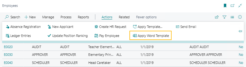 Employees page Apply Word Template action