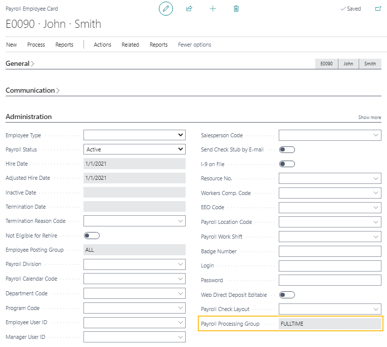 Payroll Employee Card page Payroll Processing Group field