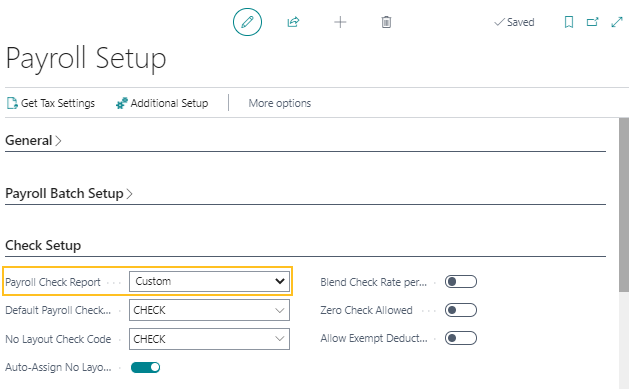 Payroll Setup page Payroll Check Report field