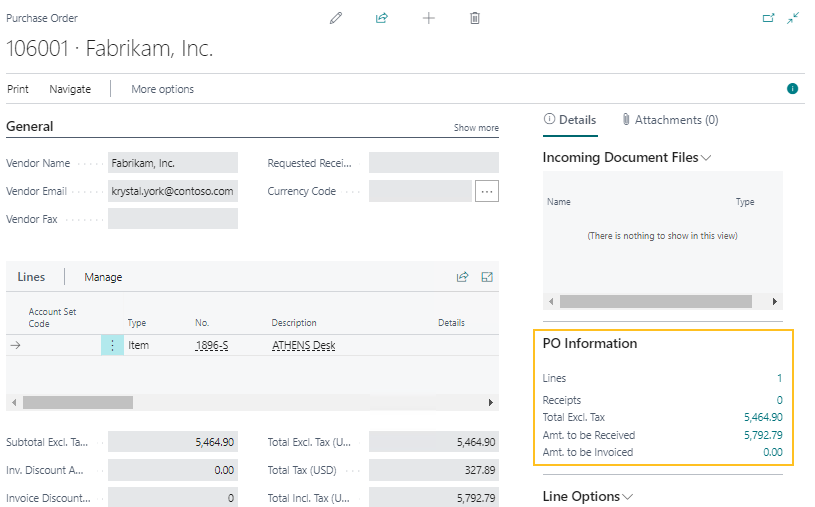 Purchase Order page PO Information FactBox