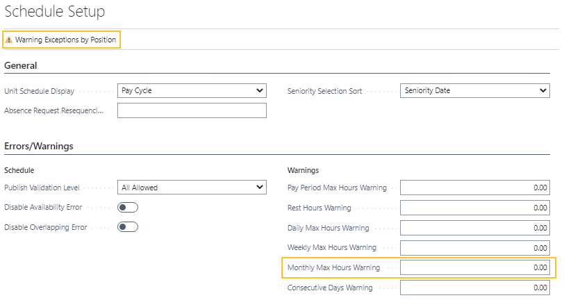 Schedule Setup page new action and field