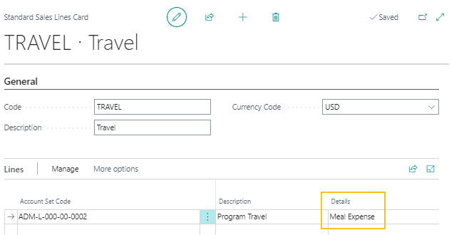 Standard Sales Lines Card Details field