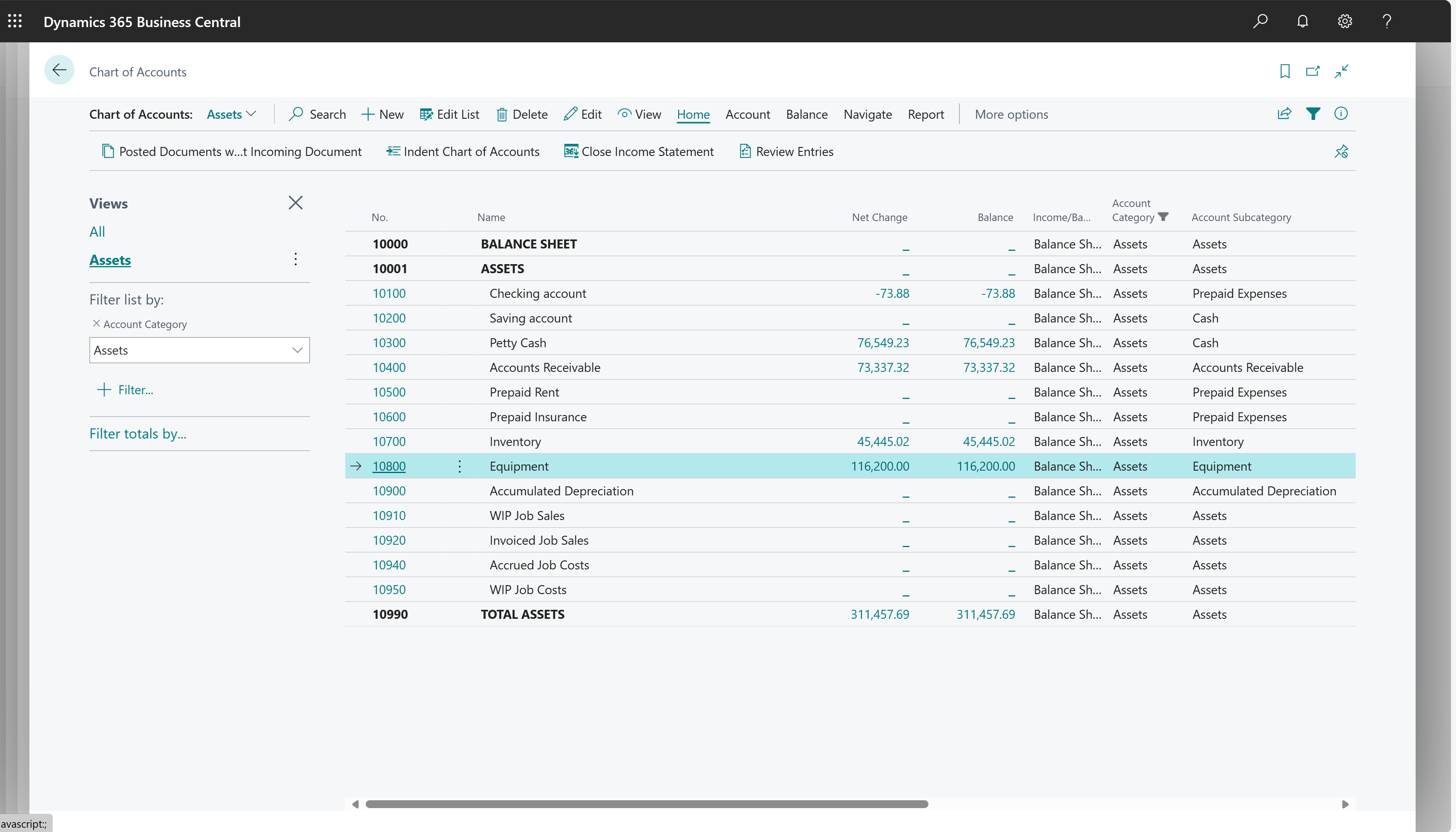 Example of how the Chart of Accounts page shows finance insights