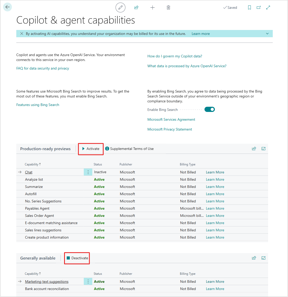 Screenshot that shows the Activate and Deactivate buttons for the feature lists on the Copilot & agent capabilities page.