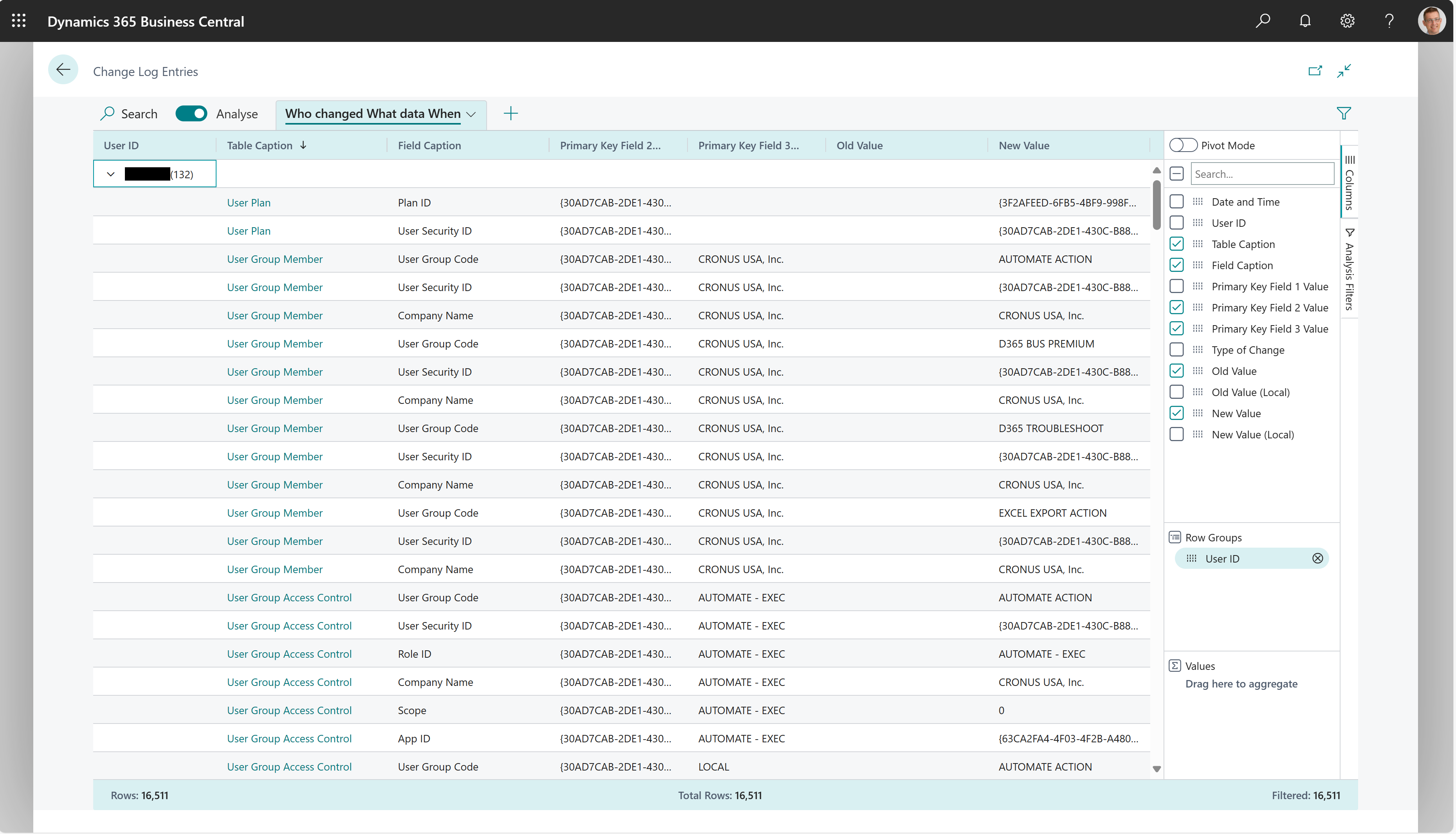 Example of how to do data analysis on the Change Log Entries page (Who changed What data When).