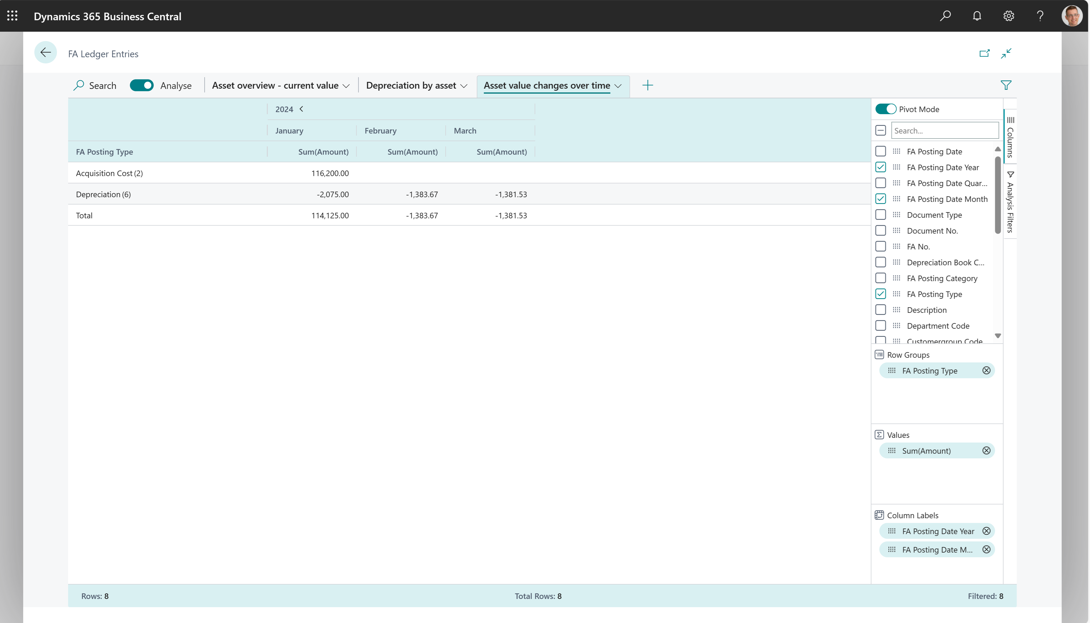 Example of how to do data analysis on the FA Ledger Entries page to see asset value changes over time