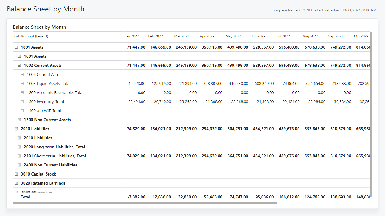 Screenshot of the Balance Sheet by Month report