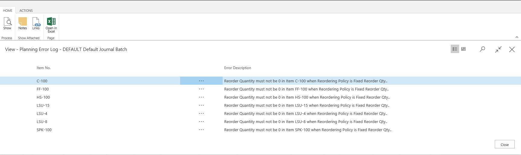 Error messages in the planning worksheet.