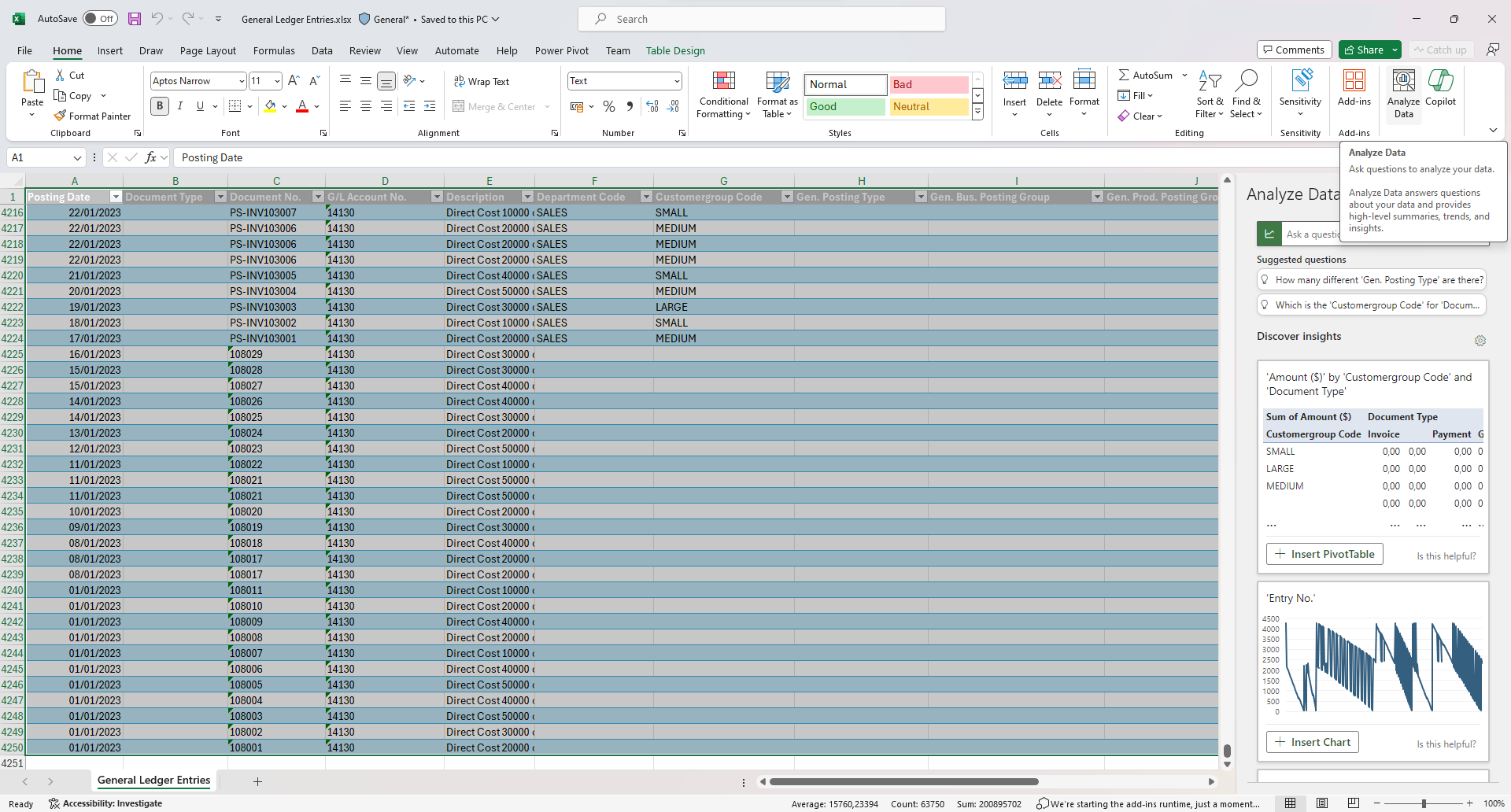 Example of how to do data analysis on the G/L entries data using Excel.