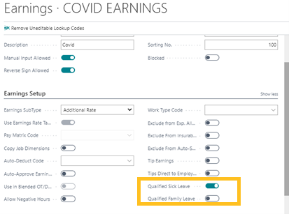 Qualified sick leave & qualified family leave earnings code settings