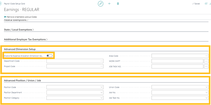 Advanced payroll code dimension & advanced payroll code position / union / jobs