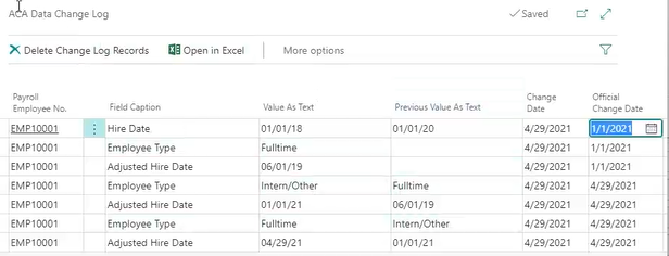 ACA change log table fields