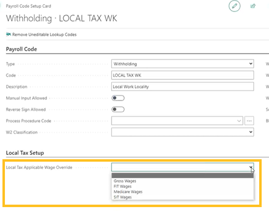 Local tax applicable wage override