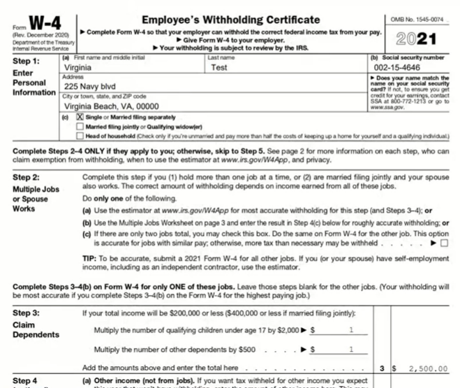 Federal withholding setup card data prints on W4