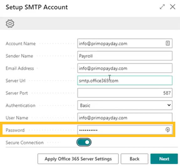 SetUp SMTP Account page