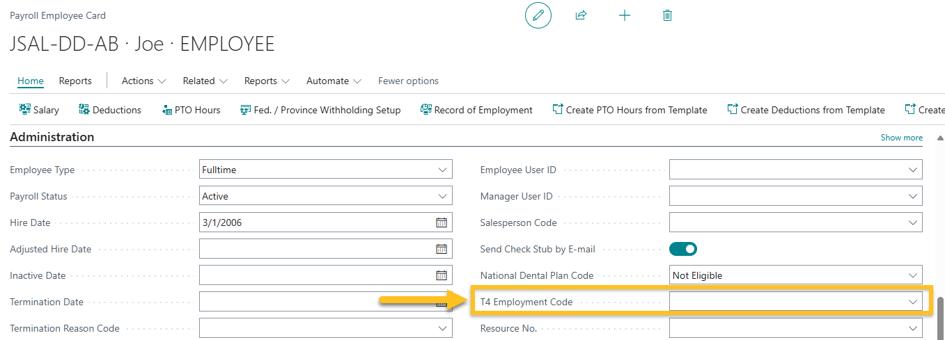 Payroll Employee Card page T4 Employment Code field